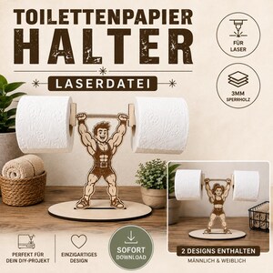 Peut inclure: Un porte-papier toilette en bois découpé au laser représentant un haltérophile tenant une barre qui soutient deux rouleaux de papier. Le design comprend une base circulaire et une silhouette musclée. Le texte inclut TOILETTENPAPIER HALTER.
