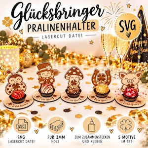 Laserskuren chokladhållare med 5 designer | Lyckobringare | SVG-fil | 3 mm trä | Chokladgåva | Nyårsaftonfestgåva | Sotare