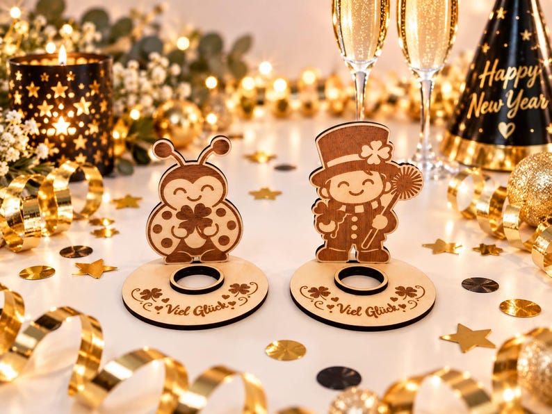May include: Two wooden stands featuring laser-cut designs of a ladybug and a person in a top hat, each holding a four-leaf clover. Both circular bases are engraved with the German text Viel Gl&uuml;ck and include a central hole for holding items.