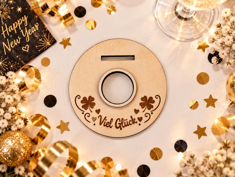 May include: A circular light-colored wooden ornament featuring a central hole, a horizontal slot at the top, and laser-engraved designs of two four-leaf clovers, small hearts, and the German text "Viel Gl&uuml;ck" centered at the bottom of the piece.