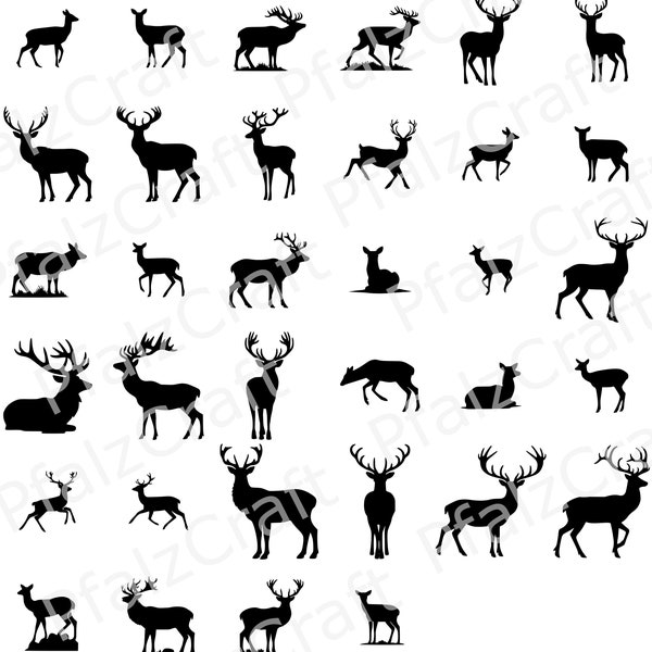 34 Hirsche als SVG (Vektorgrafik) Vorlage zum Drucken, Malen, CNC Fräsen, Laser als Deko für Weihnachten und vieles mehr