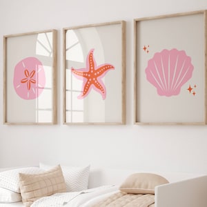 Pink and red coastal nursery wall art SET OF 3 | Digital downloadable art | Pink seashell girls room print set | Boho minimalist beach decor
