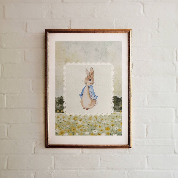 Vintage Peter Rabbit printable wall art for girl's grandmillennial nursery | Literary girl's room wall art