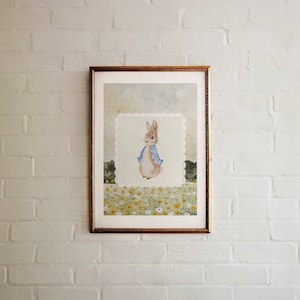 Lámina de conejito vintage para habitación infantil, arte de pared inspirado en Peter Rabbit, decoración floral caprichosa para habitación infantil, ilustración animal estilo cottagecore