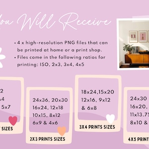 May include: A digital illustration of a printable wall art set with different sizes and ratios for printing. The image shows a living room with a record player and a plant on a wooden cabinet. The text on the image reads: "You Will Receive" and lists the different sizes and ratios for printing.