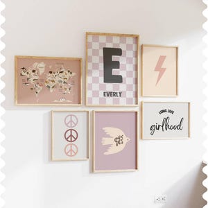 Boho Mädchenzimmer Wand Kunst Set, Benutzerdefinierter Name + Tier Karte + Moderne Typografie, Neutral & Rosa Galerie Wand Dekoration für stilvolle Mädchen