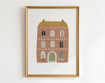Hand Drawn Cottage Print, Warm Neutral Home Decor, Whimsical Architecture Poster, Housewarming Gift, Instant Digital Download