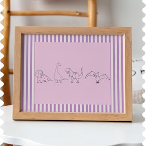 Cute Girl Dinosaur Wall Art Print, Pink & Purple Dino Decor for Kids Room, Digital Download Nursery Art, Trendy Prehistoric Poster
