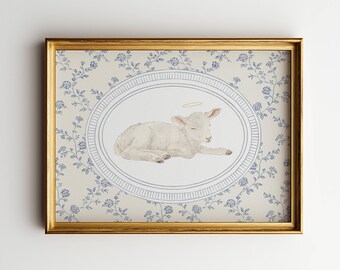 Lamb Christian Print, Blue Floral Wall Art, Vintage Faith Decor, Christian Based Art, English Cottage Home Decor, Instant Digital Download