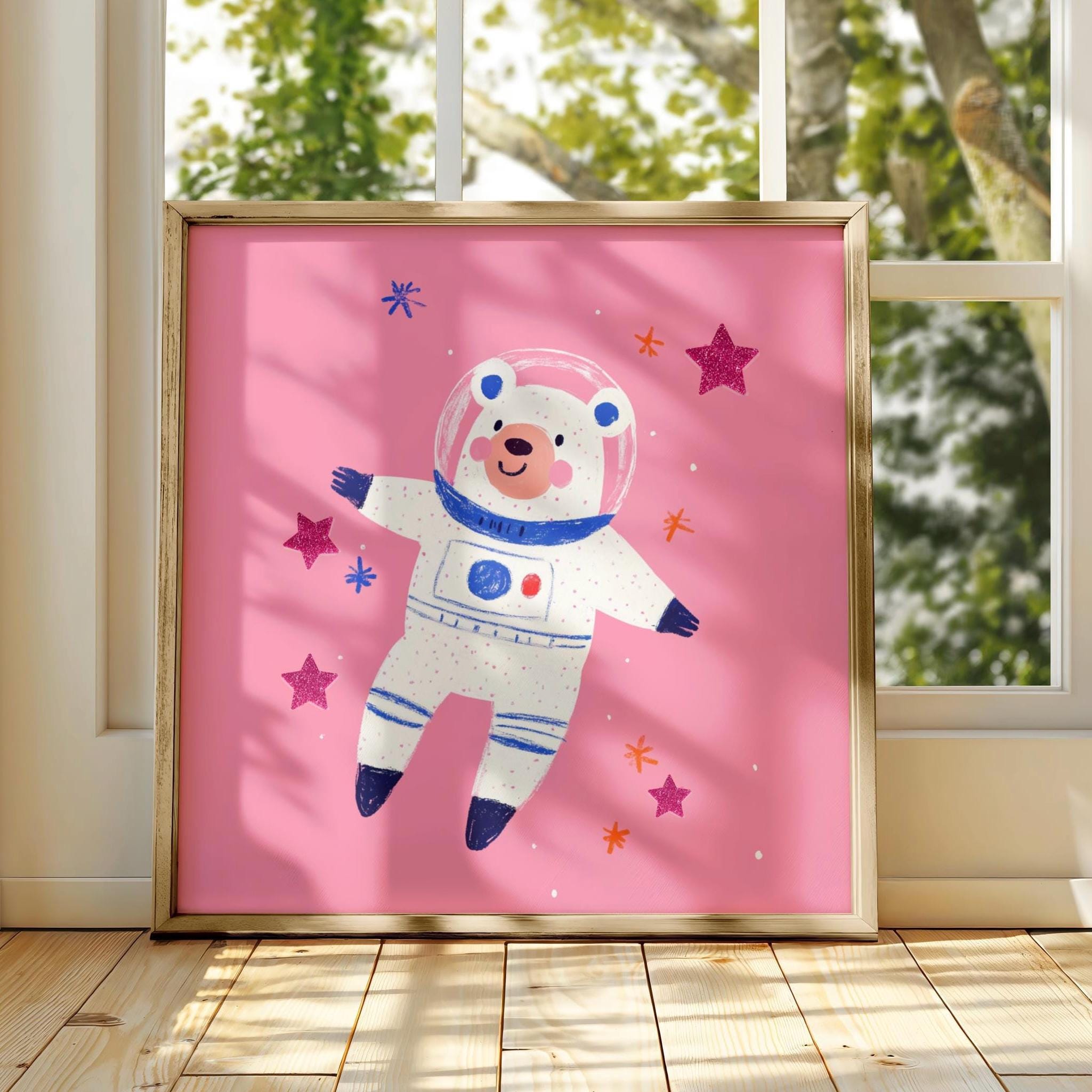 Girls Space Art Set, Pink Astronaut Nursery Wall Decor for Kids Room ...