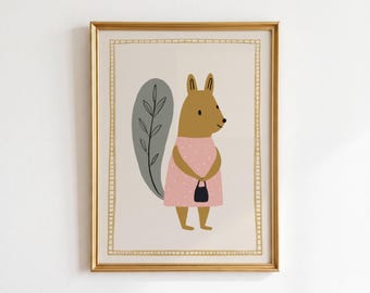 Pink Woodland Animal Print, Girls Room Wall Art, Retro Storybook Illustration, European Cottage Decor, Instant Digital Download