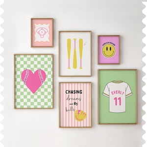 Bright Girls Softball Wall Art Set, Pastel Baseball Gallery Prints for Sporty Girls Bedroom or Playroom Decor