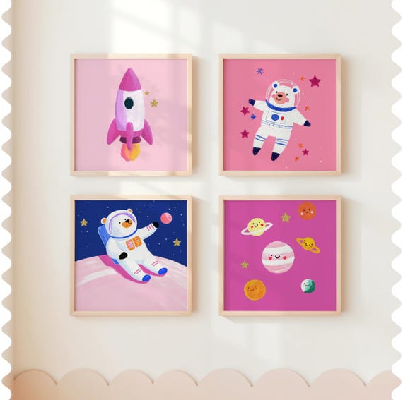 Pink Space Art Set, Rocket, Astronaut Bears, Planets (Digital Download)