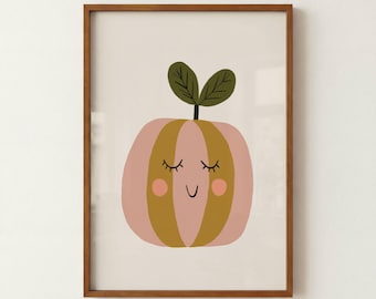 Boho Pumpkin Print, Vintage Whimsical Fall Art, Blush Pink Pumpkin Wall Decor, Cute Autumn Illustration, Instant Digital Download
