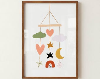 Rainbow Mobile Wall Art, Whimsical Girls Room Decor, Vintage Celestial Print, Colorful Nursery Decor, Dreamy Playroom Art, Digital Download