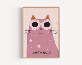 Pink Cat Print: Floral Sunglasses, Girls Room Decor (Digital Download)
