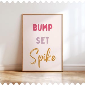 Volleyball Poster for Girls Room, Bump Set Spike Print in Pink, Lilac & Mustard, Girls Volleyball Wall Print, Pastel Sports Typography Print