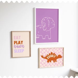 Trendy Girls Dinosaur Wall Art Set, Boho Dino Decor for Kids Room, Dinosaur Prints for Girls Bedroom, Personalized Name Dinosaur Gift