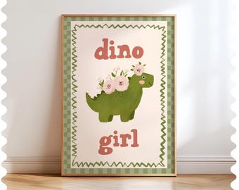 Stampa floreale con dinosauro: decorazione per cameretta in stile boho (download digitale)