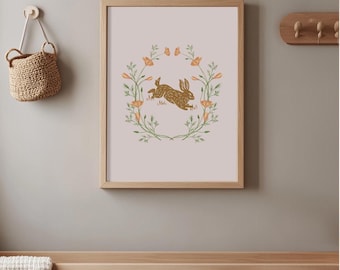 Blommigt kanintryck: Vintage Cottagecore barnrumskonst (digital nedladdning)
