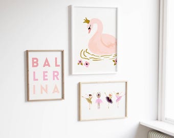 Ballerina Nursery Art Prints: Swan, Dancers, Pink Ombre (Digital Download)