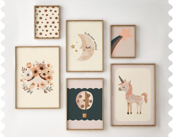 Boho Einhorn Mädchenzimmer Kunstdrucke: Blumen Mond Set (digitaler Download)