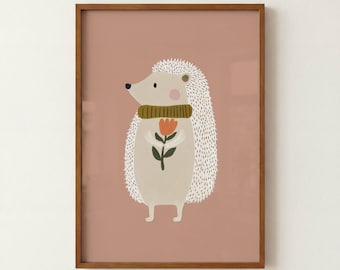 Boho Hedgehog Print, Vintage Pink Woodland Animal Art, Whimsical Nursery Wall Decor, Cottagecore Kids Room Decor, Instant Digital Download
