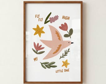 Vintage Bird Nursery Print, Fly High Little One, Floral Illustration, Inspirational Kids Room Art, Instant Digital Download
