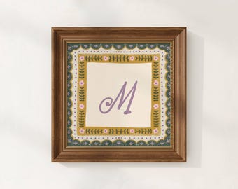 M Floral Initial Print, Personalized Letter Artwork, Vintage Monogram Wall Decor, Custom Name Print, Digital Download
