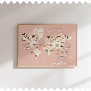 Boho Weltkarte Wandkunst, Blush rosa Kinder Wandkunst mit Ländernamen und Tieren, digitaler DOWNLOAD, Kindergarten, vielseitiges Kinderzimmer