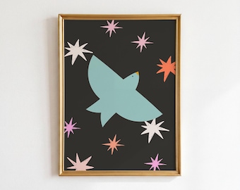Charcoal Dove Print: Retro Bird Wall Art, Mint Pink Nursery Decor, Groovy Kids Room Printable, Whimsical Star Art (Digital Download)