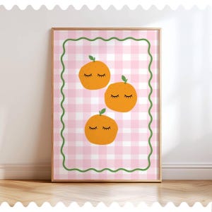 Niedliches Orangen Kinderzimmer, Eklektische Mädchen Raum Dekoration, Buntes Spielzimmer Poster - Gingham Obst Poster, Zitrus Baby Zimmer Kunst für Mädchen