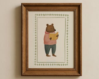Cottagecore Bear Reading Print, Vintage Nursery Decor (Digital Download)
