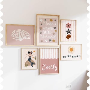 High-End Meerjungfrau Poster für Kinder, Ozean-inspirierte Mädchenzimmer Kunst im schicken Boho-Stil, Küstenwandkunst in Boho Pink & Mokka-Tönen