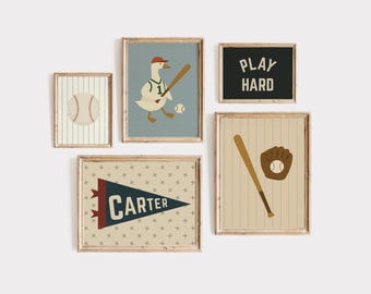 Retro Baseball Nursery Print Set, Personalized Name Pennant (Digital Download)