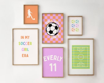 Girls Soccer Gallery Wall Art Set: Colorful Prints, Custom Name & Number (Digital Download)