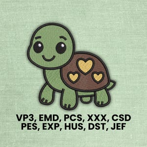 May include: An embroidered design of a cartoon turtle with a green head and limbs, a brown shell with three yellow hearts, and a smiling face. The image includes the text "VP3, EMD, PCS, XXX, CSD, PES, EXP, HUS, DST, JEF".
