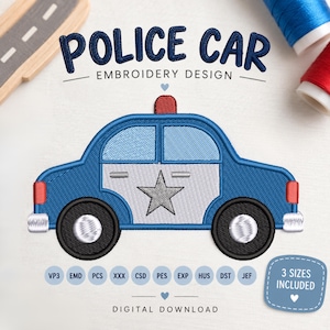 May include: An embroidery design of a blue and white police car with a red light on top, a grey star on the door, and black wheels. The text reads POLICE CAR EMBROIDERY DESIGN, DIGITAL DOWNLOAD, and lists file formats including VP3, EMD, PCS, XXX, CSD, PES, EXP, HUS, DST, JEF.