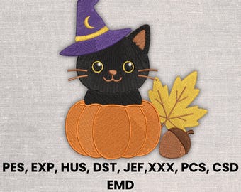 Kattbroderidesign, kuslig höstmaskinbroderifil, digital nedladdning, Halloweenpumpabroderi