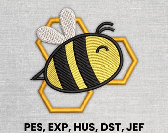 May include: Embroidered design of a cartoon bee with black and yellow stripes, set against a gold honeycomb shape. The bee has white wings and a smiling face. The text "PES, EXP, HUS, DST, JEF" is at the bottom.