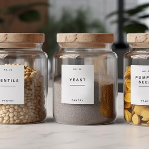 Étiquettes de garde-manger blanches mates, étiquettes de garde-manger modernes numérotées, étiquettes de bidon, personnalisation disponible, étiquettes pour pots à épices, étiquettes de garde-manger