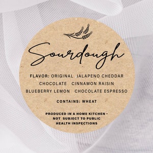 Etiquetas de ley de masa madre, opciones de sabor, etiquetas de pan casero, pegatinas mate redondas personalizadas, etiquetas para productos horneados, etiquetas de sabor de pan