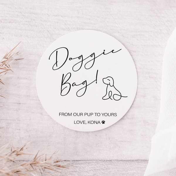 Doggie Bag Wedding Stickers Round White Matte Stickers, From Our Pup to Yours Wedding Snack Bag Labels, Custom Sweets Desserts Favors Labels