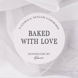 Etiquetas para pequeñas empresas, etiquetas para galletas Baked With Love, pegatinas redondas blancas mate personalizadas, pegatinas personalizadas para bolsas de pan, etiquetas para enlatado