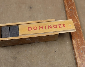 Juego antiguo Juego de dominó Juego de dominó vintage con piezas de madera 28 piezas Caja de madera Juego familiar Juego antiguo