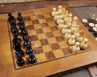 Very Big Chess and backgammon , Full Set, Vintage Bulgaria Chess, Wooden Chess Board, Table Game Wood Chess Set.