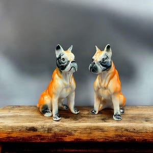 Pair of Sitting Boxer Dogs Brown Vintage Japanese Figurines - Mid Century 8.5cm Height - Ceramic - Porcelain - Ornaments - Gift - Decor