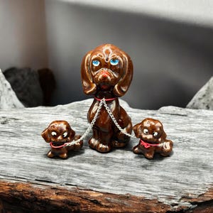 Dachshund & 2 Puppies Ceramic Figurines Vintage Mid Century Kitsch 12cm Height - Ornament -  Redware Ceramics - Gift - Prop