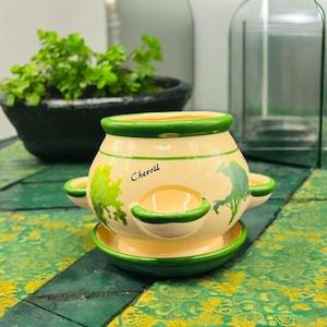 May include: A light orange ceramic planter with a green rim and a green base. The planter has four small holes around the rim and the word "Cheroul" written on the front.