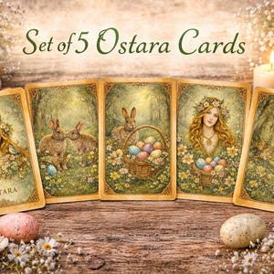 Könnte beinhalten: Set mit 5 Ostara-Karten mit Illustrationen von Frauen, Kaninchen und Ostereiern. Die Karten sind von Blumen, Eiern und einer Kerze umgeben. Der Text "Set of 5 Ostara Cards" steht oben.
